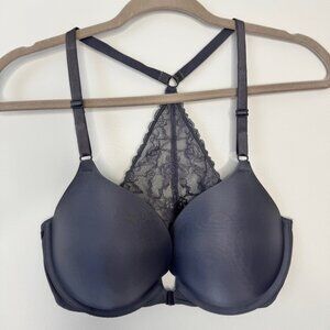 Victoria's Secret Bra Push Up Charcoal Gray Lace Racerback Front Closure Sz 36C